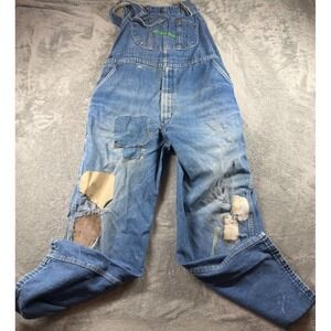 Vtg KEY Imperial Denim Bib Overalls 42x30 Distressed Patched Paint Workwear